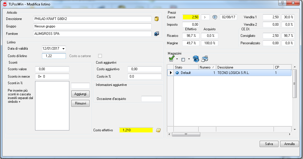 Inserimento prezzi di listino