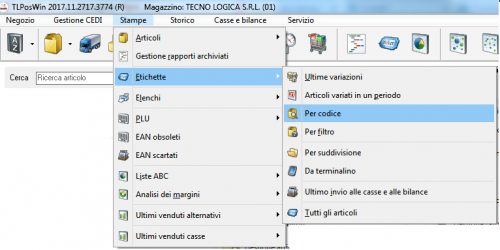 Percorso stampa etichette per codice