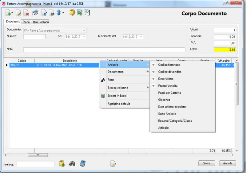 Esempio inserimento fattura