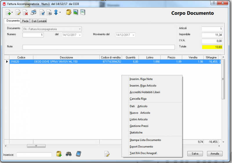 Esempio inserimento fattura