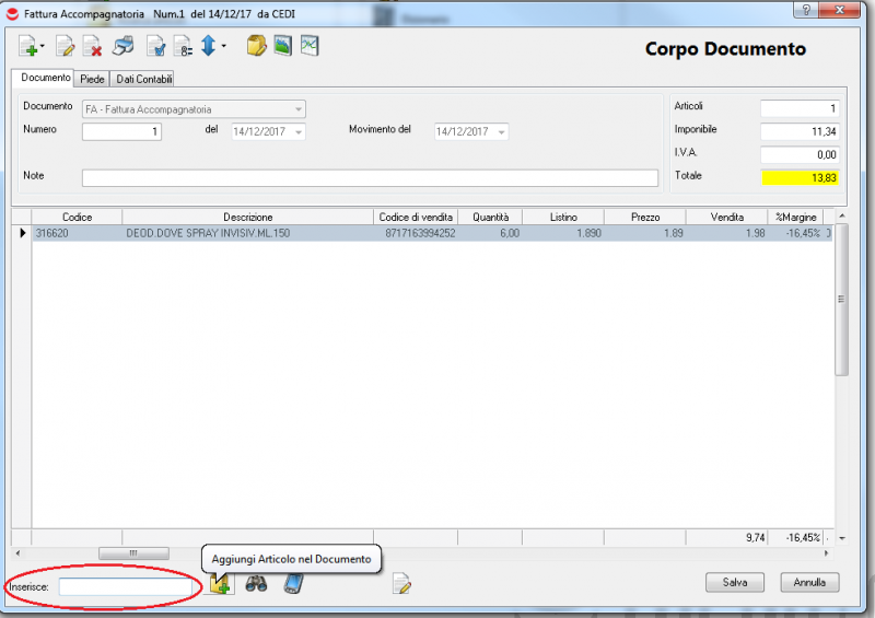 Vedere parte in basso della videata per ricerca inserimento articoli da inserire nel documento