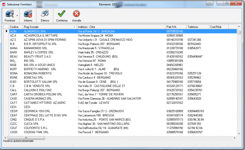 Fornitori da associare ai listini