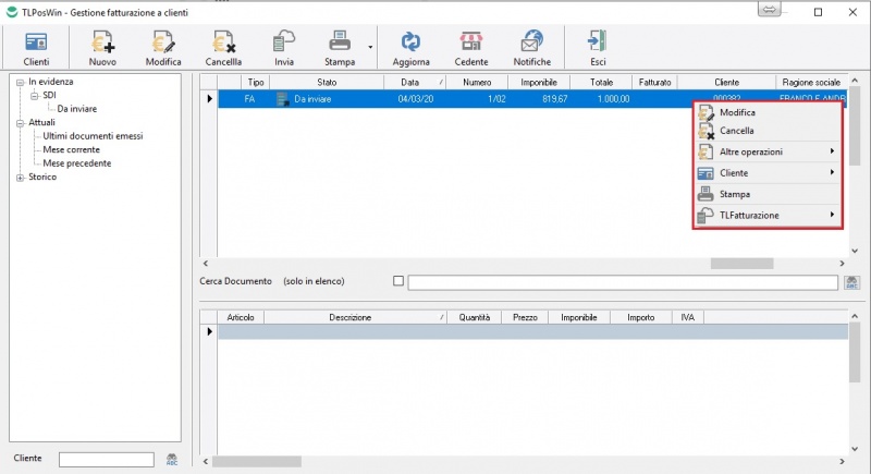 Pagina principale fatturazione clienti