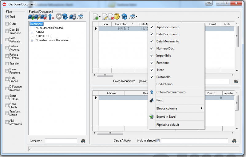 Pagina principale gestione dei documenti