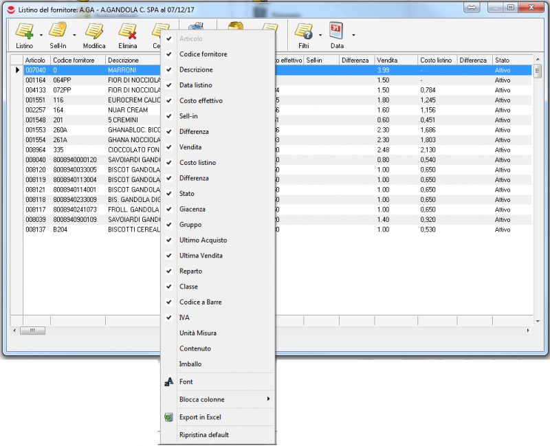 Videata Listino tasto destro